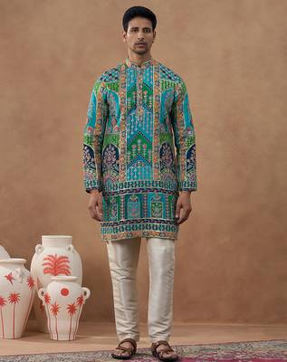 Multicolor cotton silk printed kurta for men's 1