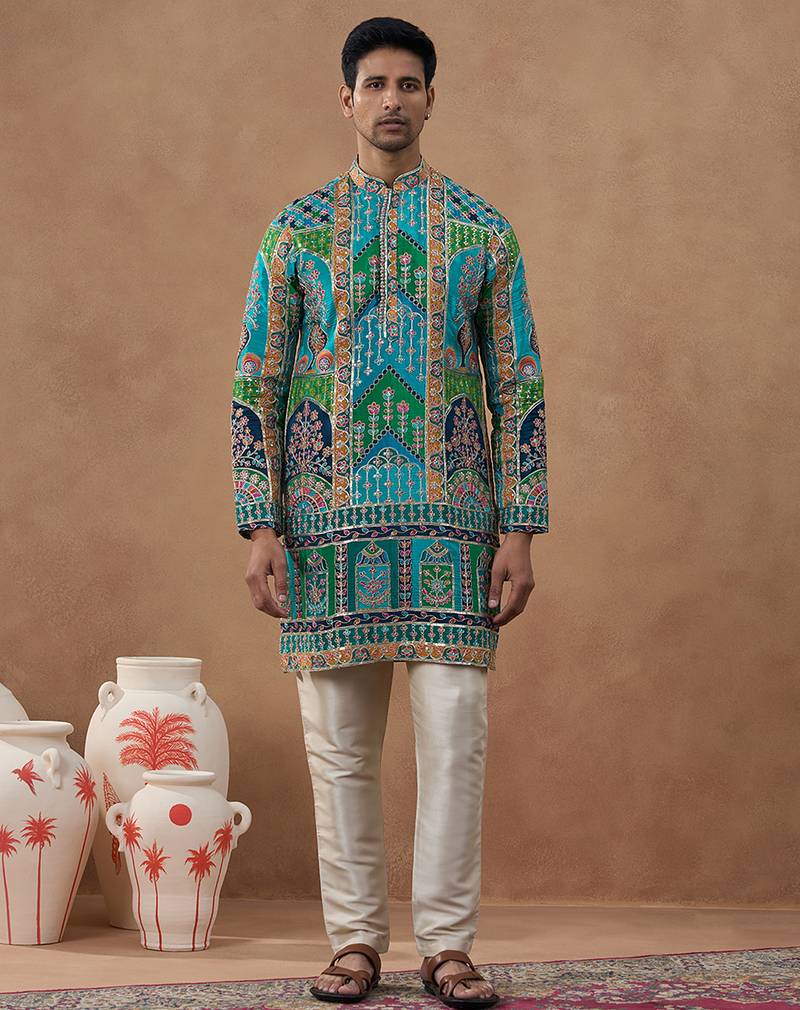 Multicolor cotton silk printed kurta for men's