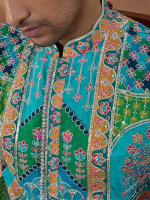Multicolor cotton silk printed kurta for men's 2