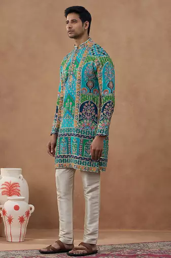 Multicolor cotton silk printed kurta for men's