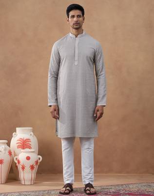 Grey cotton silk plain kurta for men's 1