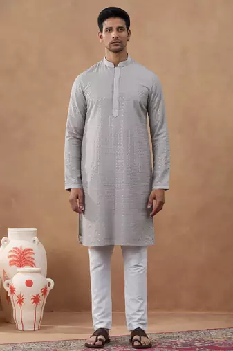 Grey cotton silk plain kurta for men's