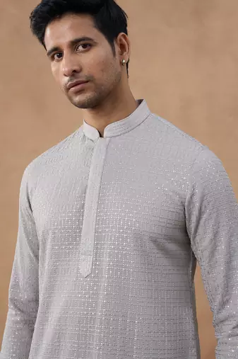 Grey cotton silk plain kurta for men's