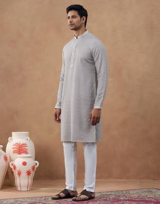 Grey cotton silk plain kurta for men's 3