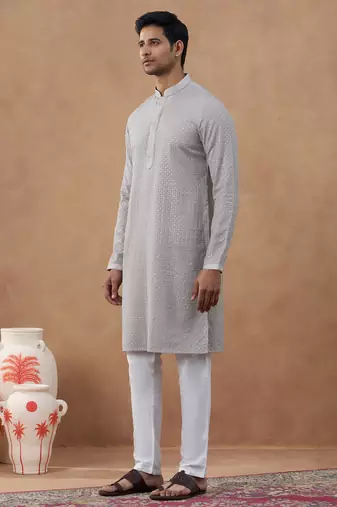 Grey cotton silk plain kurta for men's