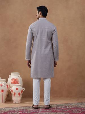 Grey cotton silk plain kurta for men's 4