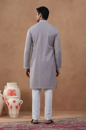 Grey cotton silk plain kurta for men's