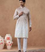 Beige cotton silk embroidered kurta for men's