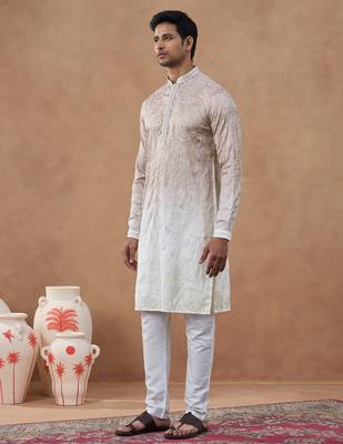 Beige cotton silk embroidered kurta for men's 3