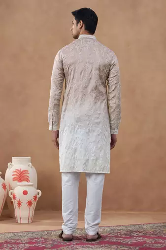 Beige cotton silk embroidered kurta for men's