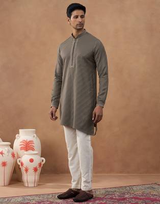 Brown cotton silk plain kurta for men's 3