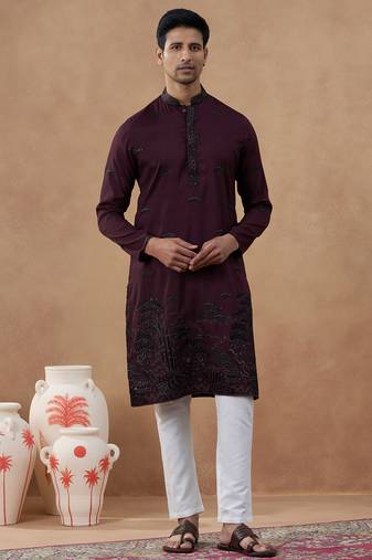 Maroon cotton silk embroidered kurta for men's