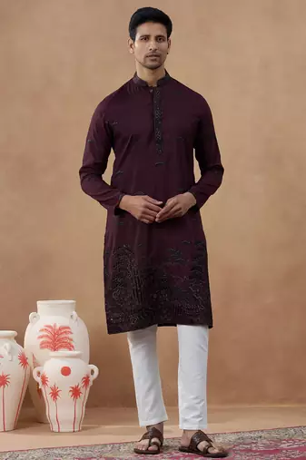 Maroon cotton silk embroidered kurta for men's