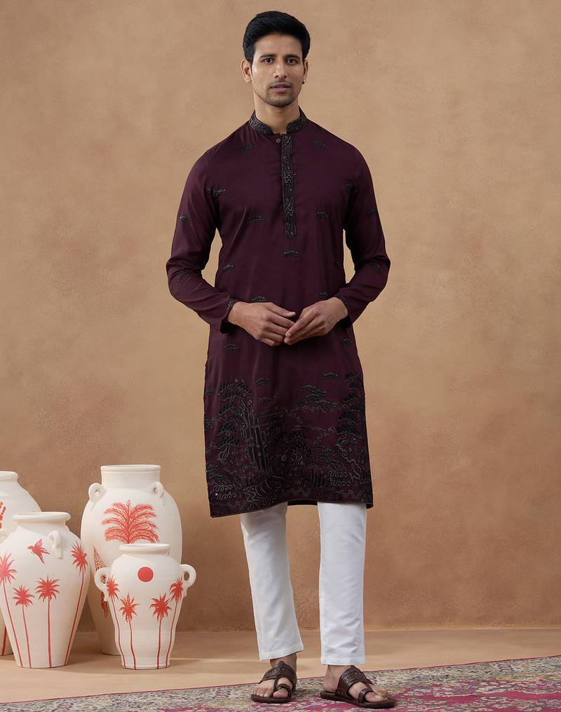 Maroon cotton silk embroidered kurta for men's