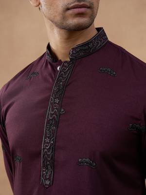 Maroon cotton silk embroidered kurta for men's 2
