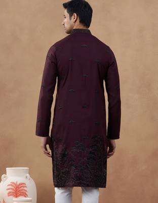 Maroon cotton silk embroidered kurta for men's 4