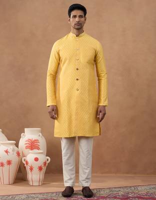 Orange cotton silk plain kurta for men's 1