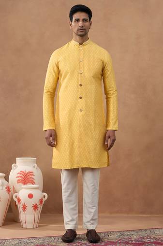 Orange cotton silk plain kurta for men's
