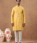 Orange cotton silk plain kurta for men's
