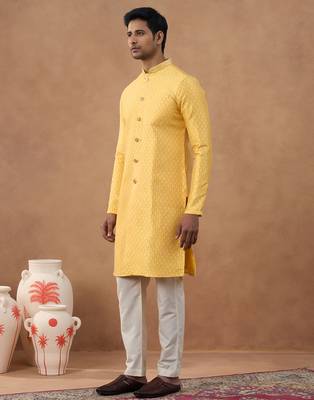Orange cotton silk plain kurta for men's 3