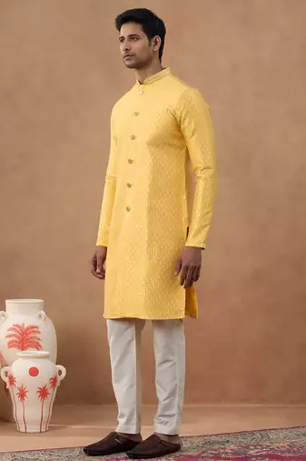 Orange cotton silk plain kurta for men's