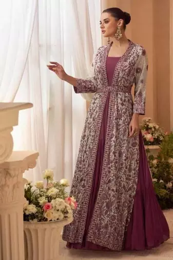 Heavy silks purple long top with silk shrug - full stitched free size