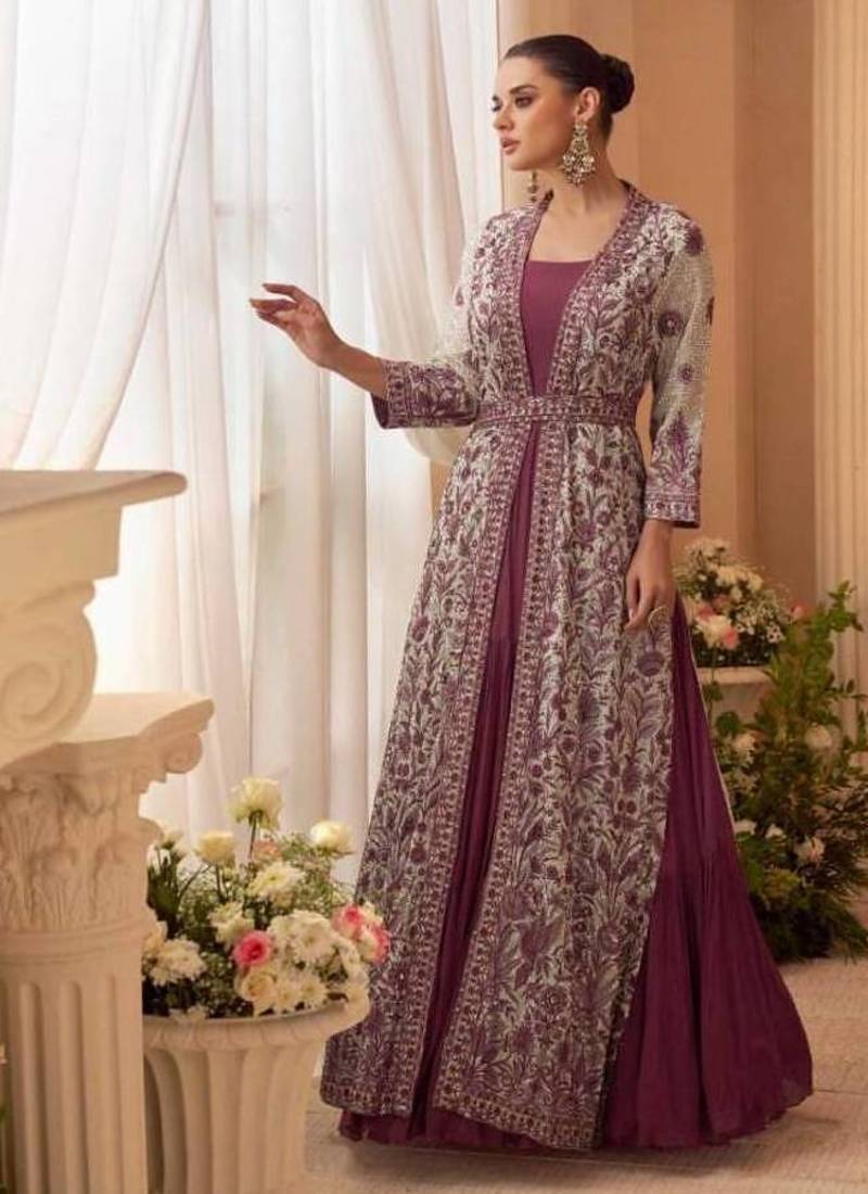 Heavy silks purple long top with silk shrug - full stitched free size