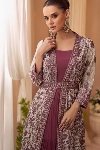 Heavy silks purple long top with silk shrug - full stitched free size