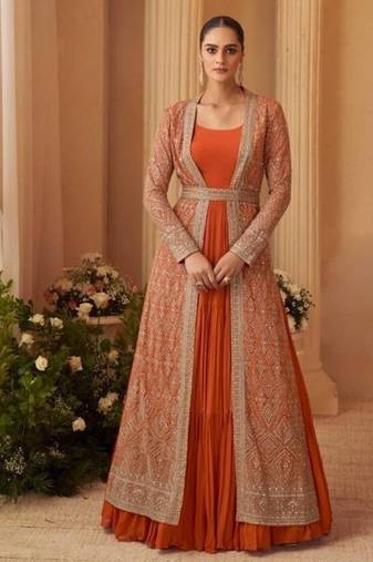 Heavy silks orange long top with silk shrug - full stitched free size