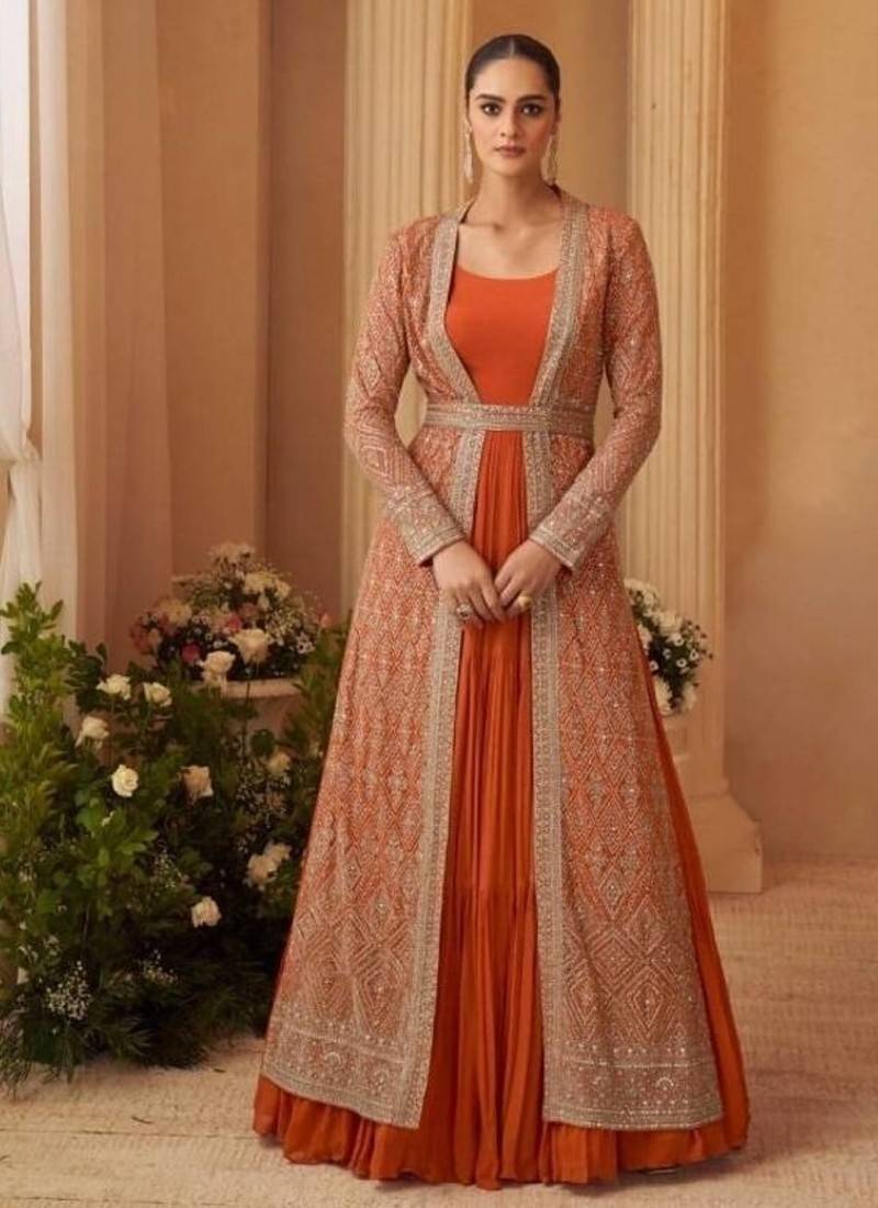 Heavy silks orange long top with silk shrug - full stitched free size