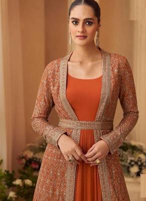 Heavy silks orange long top with silk shrug - full stitched free size 2