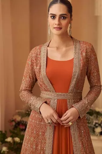 Heavy silks orange long top with silk shrug - full stitched free size