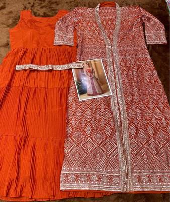 Heavy silks orange long top with silk shrug - full stitched free size 3