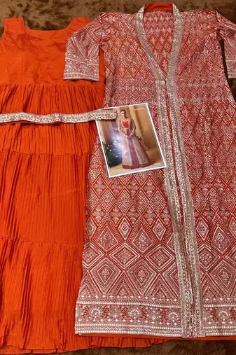 Heavy silks orange long top with silk shrug - full stitched free size