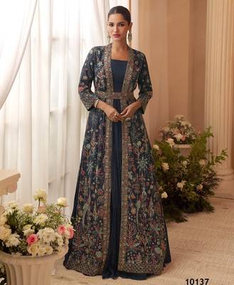 Heavy silks teal long top with silk shrug - full stitched free size 1