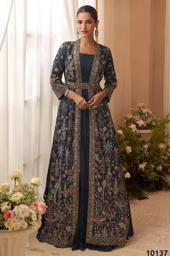 Heavy silks teal long top with silk shrug - full stitched free size