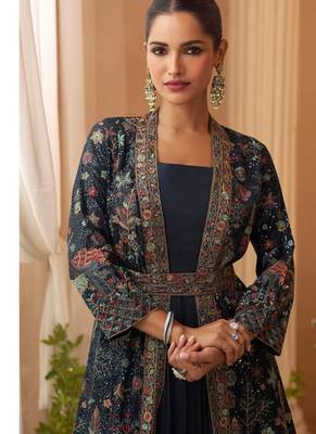 Heavy silks teal long top with silk shrug - full stitched free size 2