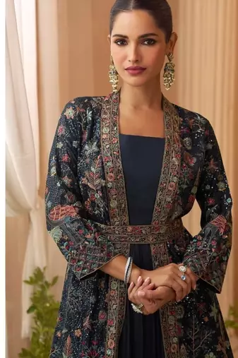 Heavy silks teal long top with silk shrug - full stitched free size
