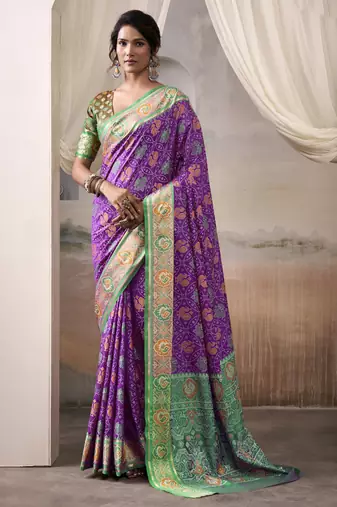 purple patola silk blend patola saree with unstitched blouse piece