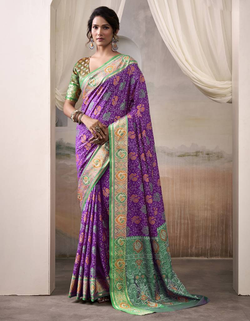 purple patola silk blend patola saree with unstitched blouse piece