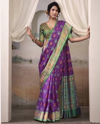purple patola silk blend patola saree with unstitched blouse piece 2