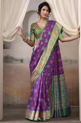 purple patola silk blend patola saree with unstitched blouse piece