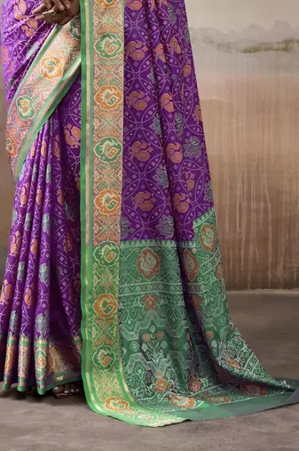 purple patola silk blend patola saree with unstitched blouse piece