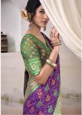 purple patola silk blend patola saree with unstitched blouse piece 4