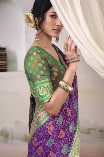 purple patola silk blend patola saree with unstitched blouse piece