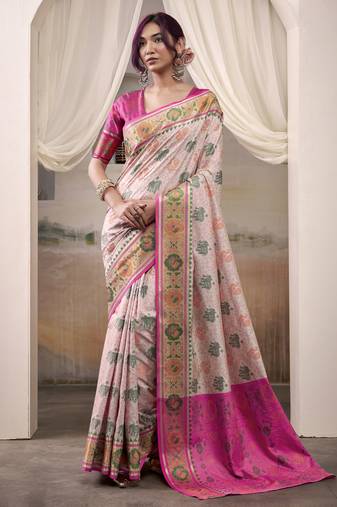 baby pink patola silk blend patola saree with unstitched blouse piece