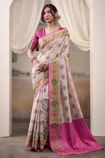 baby pink patola silk blend patola saree with unstitched blouse piece