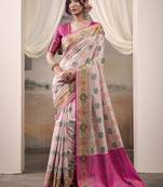 baby pink patola silk blend patola saree with unstitched blouse piece