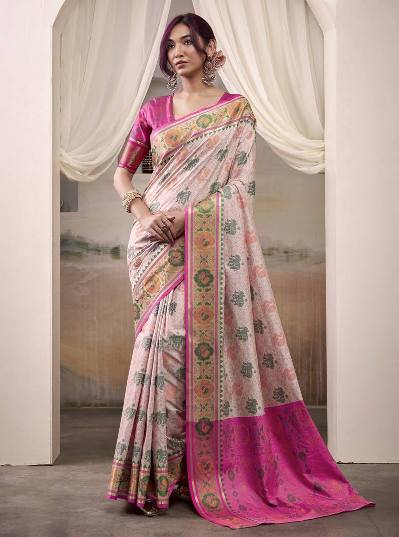 baby pink patola silk blend patola saree with unstitched blouse piece