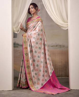 baby pink patola silk blend patola saree with unstitched blouse piece 2